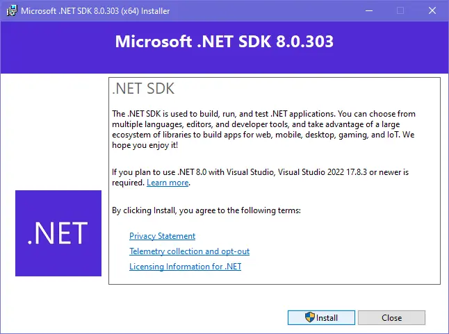 welcome screen of the installer