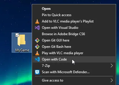 Opening vscode in a folder on Desktop