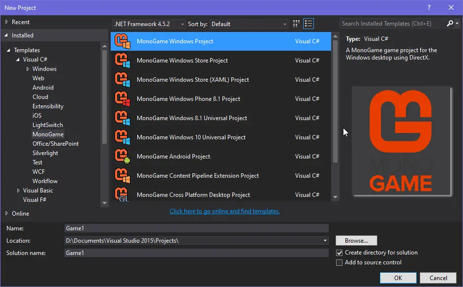 creating a monogame template in visual studio
