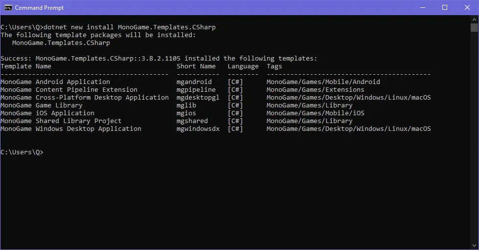 running the command that install monogame templates