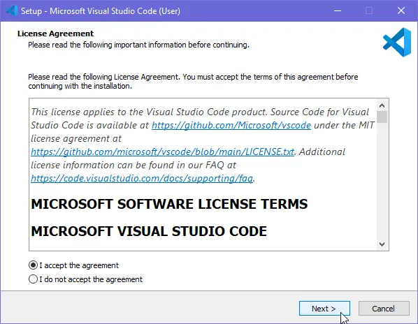 welcome screen of vscode installer