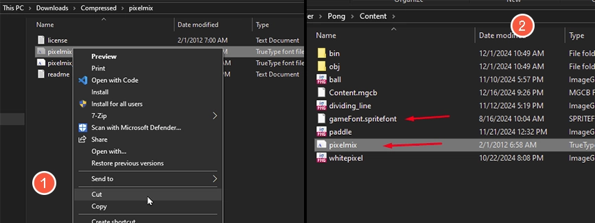 moving the font file to the game directory