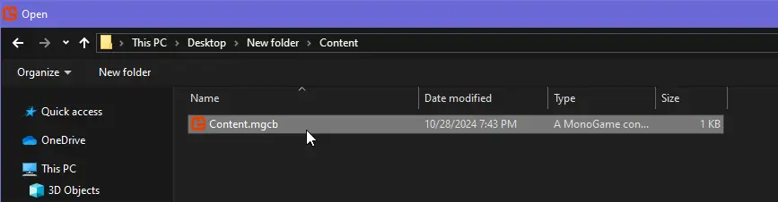 Opening the Content.mgcb via file explorer prompt