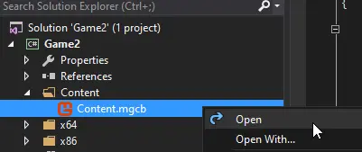 Open the content pipeline through Visual Studio